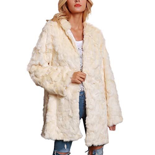 Whear Women Open Front Hooed Coat Fall Faux Fur Coat Fluffy Cardigan Fuzzy Sweaters Vintage Parka Shaggy Jacket (Beige, XL)