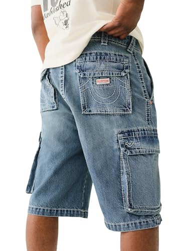 True Religion Men's Big T Vinny Cargo Denim Short - Blue Legend Medium Wash- XL