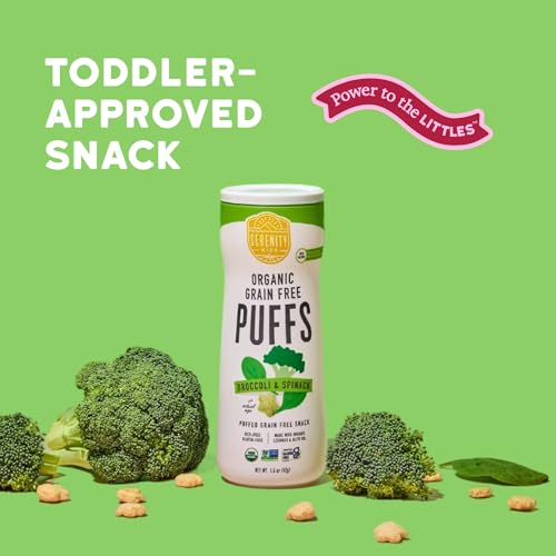 Image of Serenity Kids 6+ Months USDA Organic Grain Free Baby & Toddler Puffs - Broccoli & Spinach - 1.5 Oz Pack of 6 - Veggie-Rich Broccoli Bites for Kids - Protein-Packed Toddler Snacks - Gluten-Free Treats