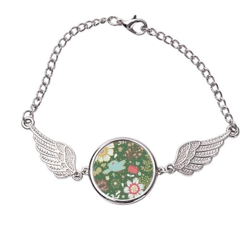 Bracelet ailes d'ange métal et fleur vert foncé, le cadeau parfait taille M
