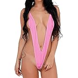 TAIKMD Women’s One-Piece Sling Shot Swimsuit Micro Bikini Halter Thong Teddy Swimwear Bodysuit V Halter Bathing Suit (Pink)