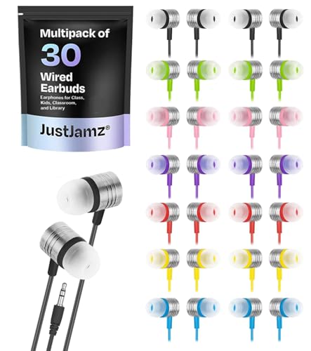 JustJamz Bulk Earbuds – Pack of 30 Ear Buds Bulk Classroom Set, Wired 3.5mm Earphones for School, Chromebook, Teachers, Students, Class Set, Earbuds for Classroom, Ear Buds Wired Bulk, Multicolored