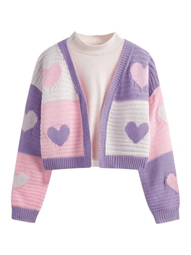 Verdusa Girl's Cute Heart Knitted Sweaters Open Front Long Sleeve Graphic Cardigan Sweater