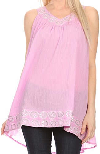Sakkas Tyra Sequin Embroidered Relaxed Fit Sleeveless V-Neck Top