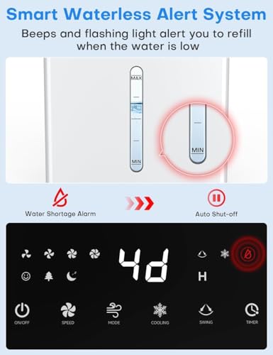Image of HIFRESH Air Cooler for Room Cooling, 31Ft Air Throw, 4 Modes & 4 Speeds, Remote & Touch, 12H Timer, 12L Tank for 24H Cooling, Waterless Alert, 2 Ice Packs, Low Power Consumption Tower Cooler for Home