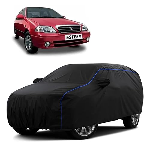 Image of Sulfar 100% Water Resistant Car Body Cover Compatible with Mirror for Maruti Suzuki Esteem (Triple Stitched, Full Bottom Elastic, Black Tafetta with Blue Piping)