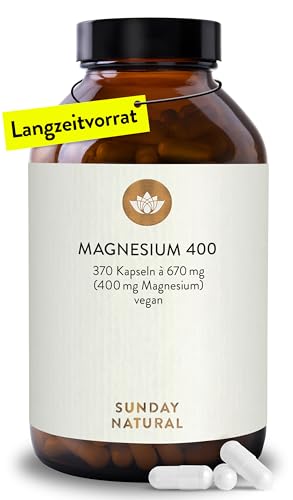 SUNDAY NATURAL Magnesium hochdosiert Kapseln - 365 Stück - 673mg je Kapsel davon 400mg reines Magnesium - Höherer Gehalt als andere Magnesiumformen - Laborgeprüft in Deutschland & Vegan