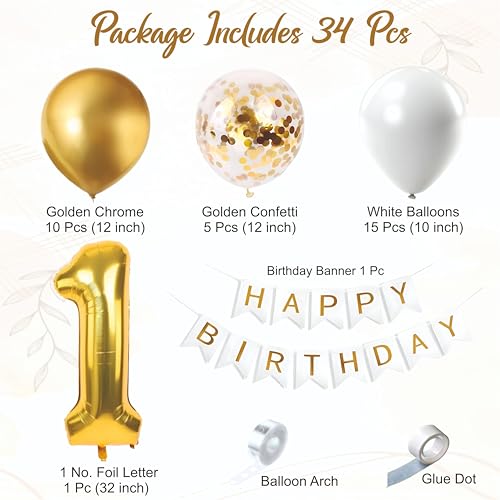 Image of Golden, White, Confetti balloons with happy birthday banner and 1 no foil balloon for 1st birthday decoration, kids party decoration, home decoration items