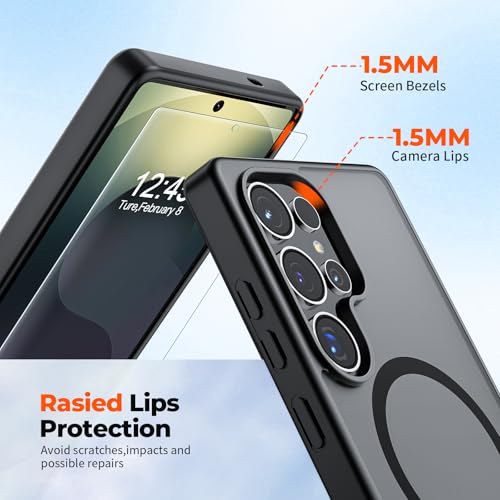 Image of SUPFINE Magnetic for Samsung Galaxy S25 Ultra Case with Screen Protector, (Built-in Magnets) (Military Grade Drop Protection) Slim Translucent Shockproof Phone Case,Black
