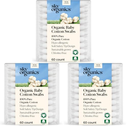 Image of Sky Organics - Organic Baby Cotton Swabs, 60 ct. - Ultra Soft Baby Safe Tips - Strong & Durable - Hypoallergenic - Chlorine Free - Natural, Vegan & Cruelty Free - Skin Care & Baby Care (Pack of 3)