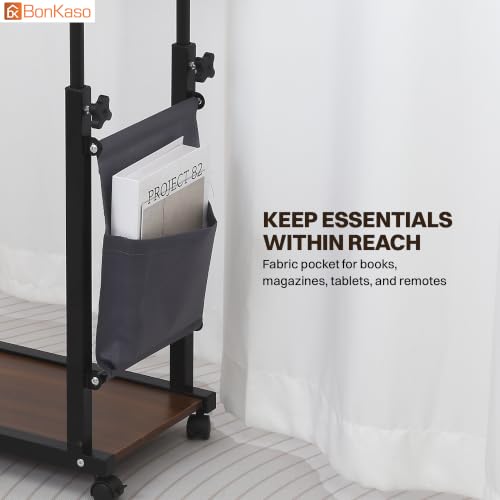 Image of BonKaso Height Adjustable Side Table with Wheels, Rolling Sofa Bedside Laptop Table, Wooden Top, Storage Pocket, Lower Shelf, Lockable Castors, Mild Steel Frame for Tea Work Reading Meals - Walnut