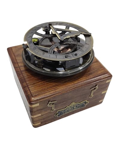 Navirock - Premium Large Antique 5 Inch Sundial Compass with Rose Wooden Box Nautical Brass Home Decor Gifts Fully Functional