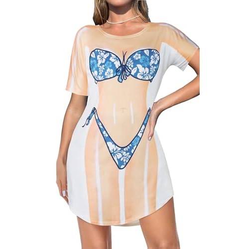 elescat Women's Beach Cover Up Bikini Printed Short Sleeve Tshirt Dress Baggy Cute Coverups Medium Blue White Floral