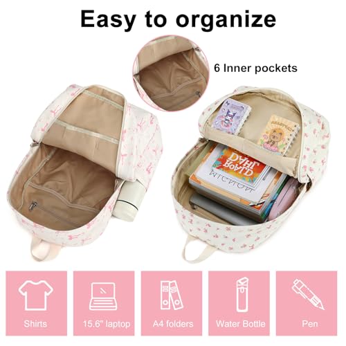 Image of BTOOP School Backpack for Girls Teens Large Corduroy Bookbag Lightweight 15.6 inch Laptop Bag for Women Casual High School College (Pink Bow Floral)