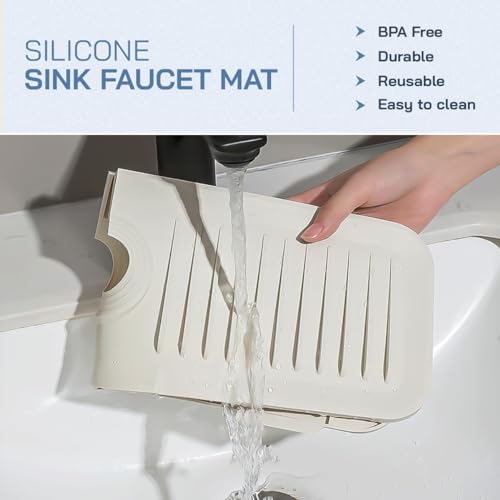 Image of Silicone Faucet Handle Drip Catcher Tray - Self-Draining Kitchen Sink Splash Guard with Adjustable Coil Opening - Sink Faucet Mat with Cleaning Towel (Ivory)