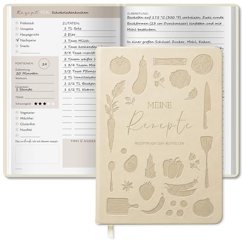Rezeptbuch zum Selberschreiben Kochbuch zum Selbstschreiben A5 - 100 Rezepte 120g Dickes Papier Einband mit Lesezeichen mit Umrechnungstabelle für Küche Ideal für Rezepte & Familienkochbuch