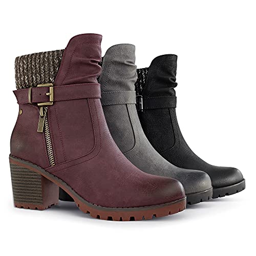 Hawkwell Women's Zipper Chunky Heel Ankle Booties,Burgundy Pu,7 M Us #TOP6