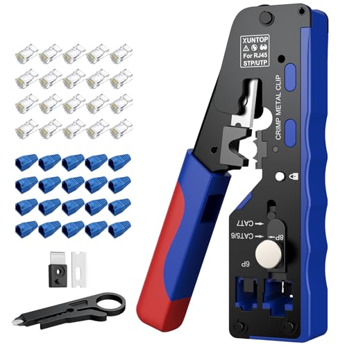 XUNTOP Pince RJ45 Pass Through Cat7 – Kit Pince à Sertir RJ45 avec Connecteurs RJ45 Pass-Through – Outil Câble Ethernet 8P8C Compatible Cat6 Cat6A Cat7...