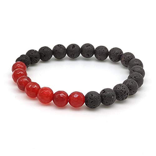 Bracciale in Giada Rubino e Pietra Lavica, Pietre Dure Naturali, Elastico 19 cm, Fatto a Mano