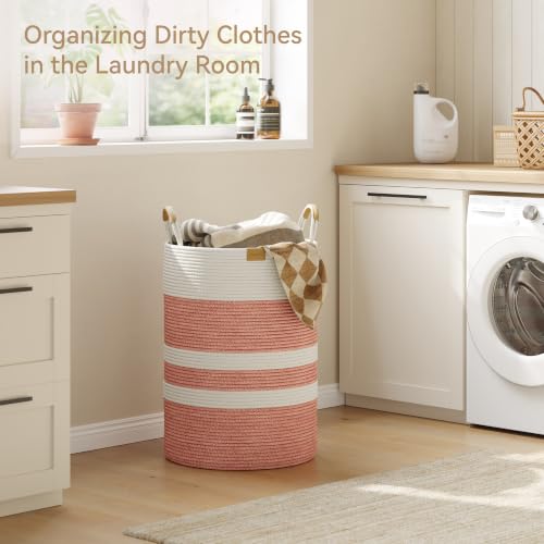 Image of 95L Laundry Hamper with Leather Handles,Laundry Basket,Coral Pink&White