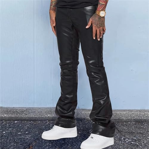Men's Pu Leather Pants High Waist Flare Leg Long Pants with Pockets Casual Straight Leg PU Faux Leather Slim Fit Pants3