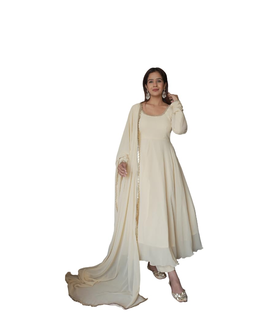 Women's Anarkali Suit Set, Cream, Georgette, Full Sleeve, with Dupatta, Ethnic Wear-picture-43