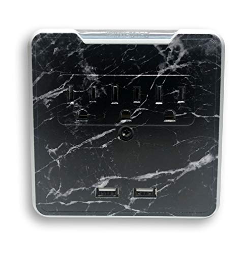 Glamsockets Decorative Wall Mount Surge Protector with 3 Outlets, Dual USB Charging Ports and Phone Holder - USB Charging Center/Multi Function Wall Tap (Black Marble)