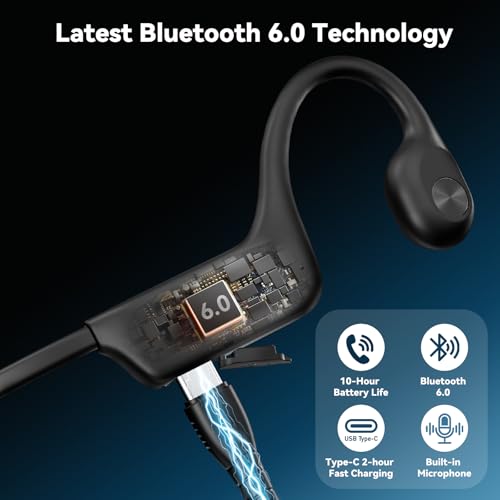 Image of Fanisic Bone Conduction Headphones, Bluetooth 6.0 Open Ear Headphones with Mic, Type-C Quick Charge. Long Battery Life, IPX5 Sweatproof, Lightweight Comfortable for Office, Sports, and Driving(Black)