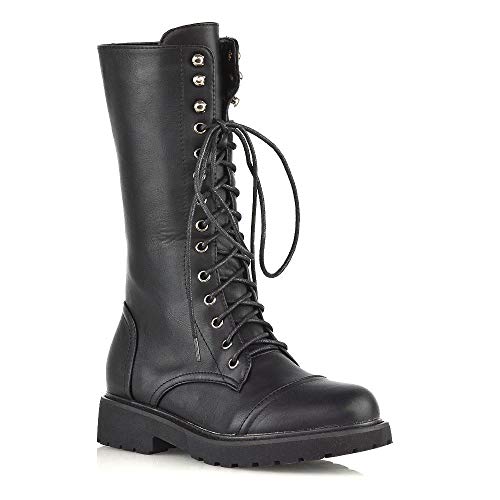 Image of ESSEX GLAM Womens Lace Up Boots Mid Calf Ankle Black Combat Punk Biker Goth Zip Shoes Size 3-8