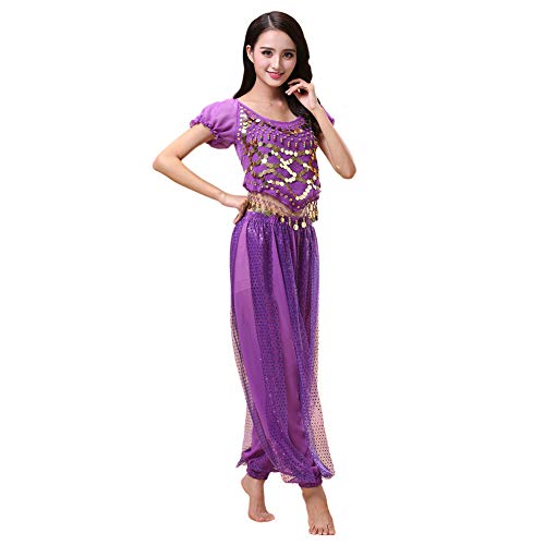 Haodasi Disfarce de dança do ventre para mulher, t-shirt de dança calças de lanterna, fato profissional de bailarina de carnaval, Roxo, S