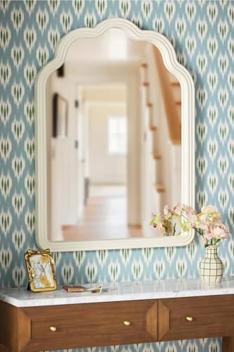 Tanmicoshomy Wood Arch Bathroom Mirror 24x36 Inch, Wavy Framed Wooden Mirrors with Tempered Glass for Living Room, Bedroom or Entryway