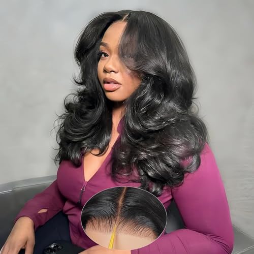 Layered Curtain Bangs Face-Framing 6x6 Glueless Wigs Human Hair Pre Plucked Pre Cut HD Lace 220 Density Loose Body Wave Lace Front Wigs Ready to Wear Wigs Glueless Human Hair for Black Women 16 Inch