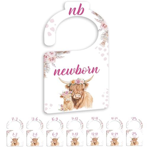JMOST Hightland Cow Baby Closet Dividers for Nursery Closet Organizer, Newborn to 24 Months Size Clothes, Boho Hangers with Size Dividers, Double Sided