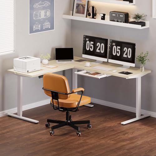 Image of FLEXISPOT L Shaped Standing Desk, 71 x 63 Inch Electric Height Adjustable Corner Desk, Sit Stand Computer Workstation, Preset Controller, Home Office, White Frame with Maple Top, White Drawer