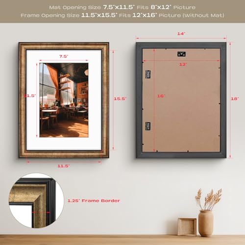 Golden State Art, 12x16 Black Trim Gold Frame - White Mat for 8x12 Photo - Vintage Antique Style - Brushed Texture Finish - Wall Mounting - Portrait/Landscape - Tempered Glass by Golden State Art - Image 4
