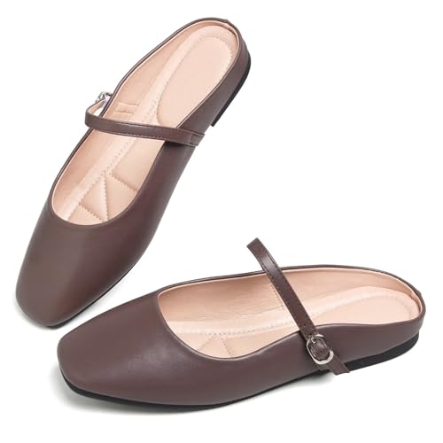 Image of TN TANGNEST Leather Flats for Women Retro Mary Jane Flats | Comfortable Square Toe Slip On Flats with Buckle Strap, Soft Work Flats Office Shoes