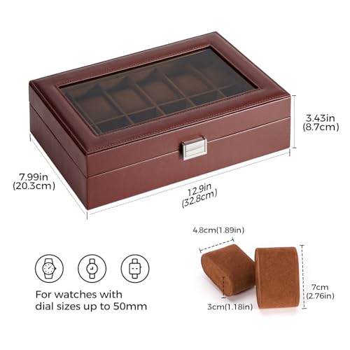 ProCase Watch Box Organizer for Men, 12 Slot Watch Display Case With Glass Lid, PU Leather Watch Storage Mens Watch Case, Watch Holder Organizer for Men Women -12 Slot, Brown