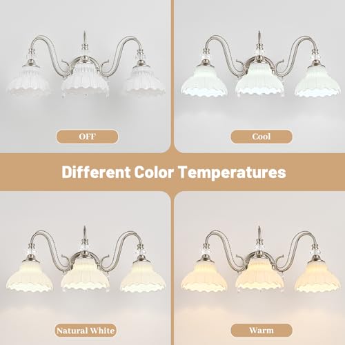 Image of Brushed Nickel Bathroom Vanity Light, 3-Light Nickel Finish Wall Sconce with Hanging Crystal Accents and Flower-Shaped White Glass Shades, Modern Wall Mount Vanity Light Over Mirror for Bathroom