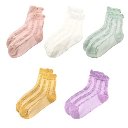Gwenvenni Toddler Girls Double Ruffle Lace Trim Cotton Socks Frilly Dress Socks 5-Pack