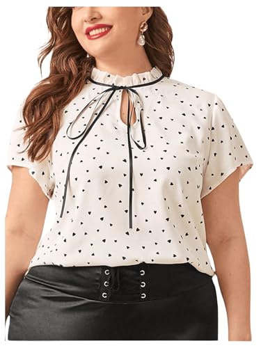 OYOANGLE Women's Plus Size Heart Print Tie Neck Short Sleeve Work Office Summer Blouse Tops