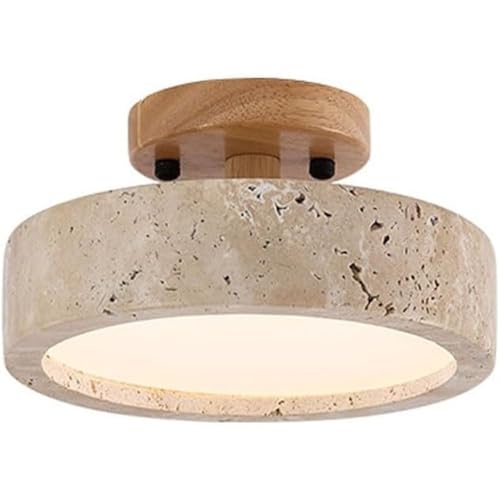Plafonnier en travertin et bois massif, lampe de plafond ronde et compacte