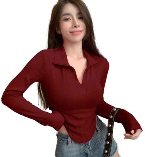 Image of Istyle Can Women's Top Solid Long Sleeve Ribbed Asymmetric Hem Casual T-Shirt with Zipper Collar. Full Sleeve, Rib Knit, Plain, Slim Fit