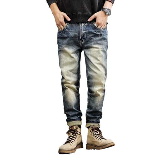 Men's Slim Straight Jeans Vintage American Fleece Casual Tapered Pants