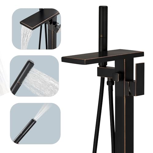 Hoimpro Tub Filler Freestanding Bathtub Faucet Oil Rubber Bronzed Floor Mount Tub Faucet Waterfall Free Standing Bathtub Filler High Flow Brass Bath Shower Faucets with Handheld Sprayer by Hoimpro - Used condition - US$172.42