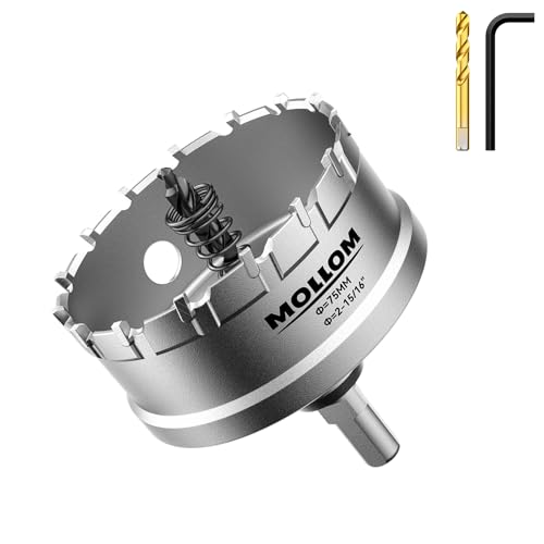 Mollom 2-15/16" (75mm) Heavy Duty Carbide Hole Saw with 2 Pilot Bits