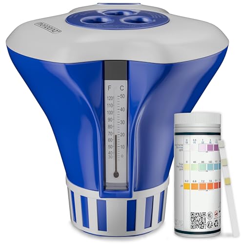 MONZANA Dosierschwimmer Pool für 20-200g Tabletten inklusive 150 3in1 Teststreifen Klein Groß UV- Resistent Chlor Schwimmer Dosierer mit Thermometer