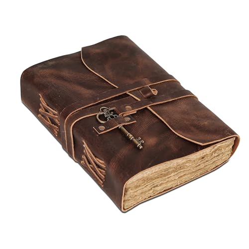 Leather Journal with Lined and Unlined Deckle Edge Paper 8x6 inch and Vintage Key | Handmade Writing Notebook Diary | Bound Daily Notepad for Men & Women Medium, Sketch/Writing pad for Artists