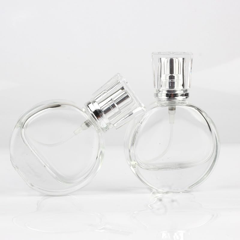 QUUPY 2Pcs 25ML Refillable Glass Perfume Bottles Round Clear Travel Spray Bottles Fine Mist Atomizer for Perfume Cosmetics and Travel Use3