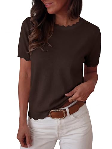 ANRABESS Womens Short Sleeve Sweater Summer Sweaters Top Dressy Scalloped Loose Business Casual Vacation Outfits 2026 Chocolate Brown Large