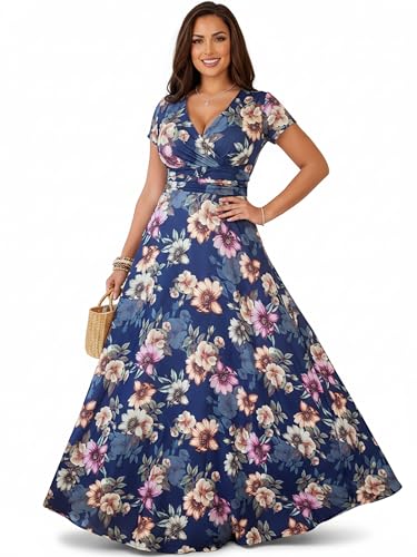 Image of KOH KOH Womens Long Cap Sleeve Floral Print V-Neck Summer Flowy Maxi Dress